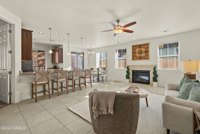 3008 E Cold Springs Trl, Flagstaff, AZ 86004 - living area featuring ceiling fan with notable chandelier, visible vents, recessed lighting, and light tile patterned floors