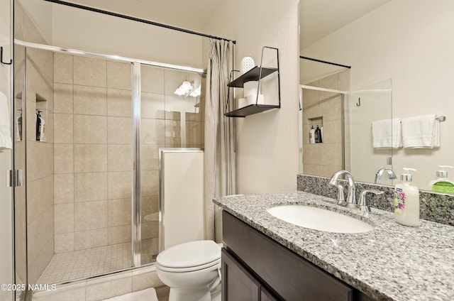 full bath featuring a shower stall, toilet, and vanity