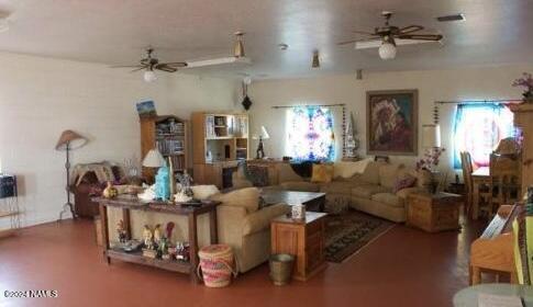 living room featuring a healthy amount of sunlight and ceiling fan