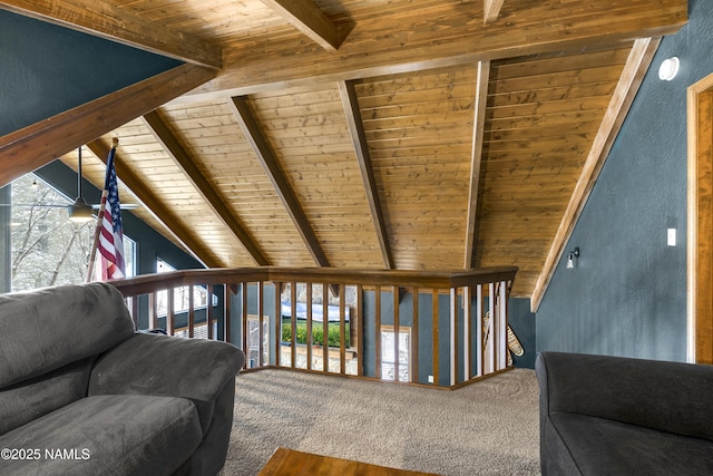 sitting room featuring carpet floors, wooden ceiling, and lofted ceiling with beams