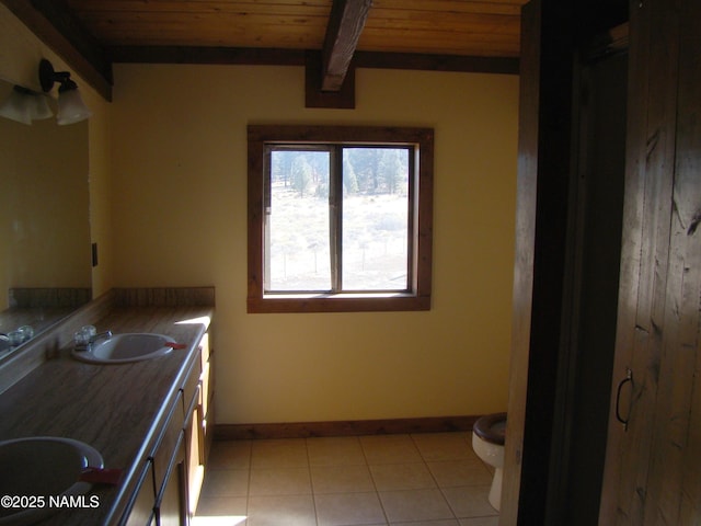 bathroom with vanity, wood ceiling, toilet, tile patterned floors, and beam ceiling