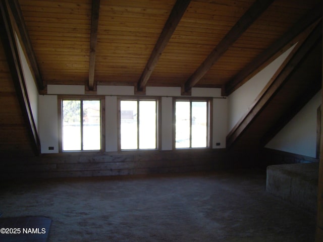 interior space featuring wood ceiling, lofted ceiling with beams, and a wealth of natural light