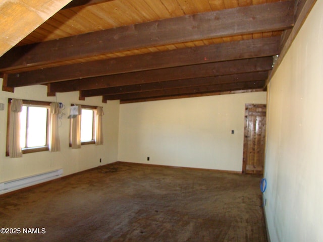 carpeted spare room with beamed ceiling and a baseboard radiator