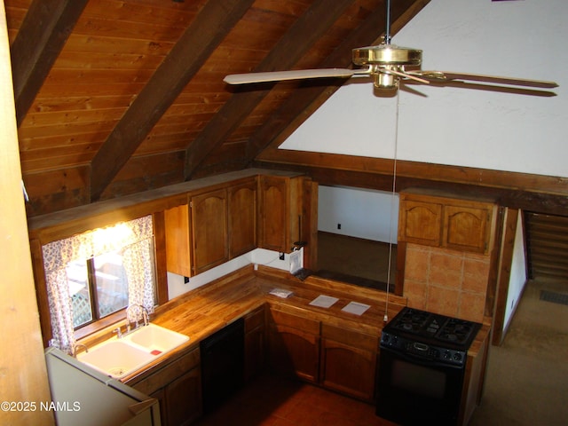 kitchen with sink, wood ceiling, ceiling fan, lofted ceiling with beams, and black appliances