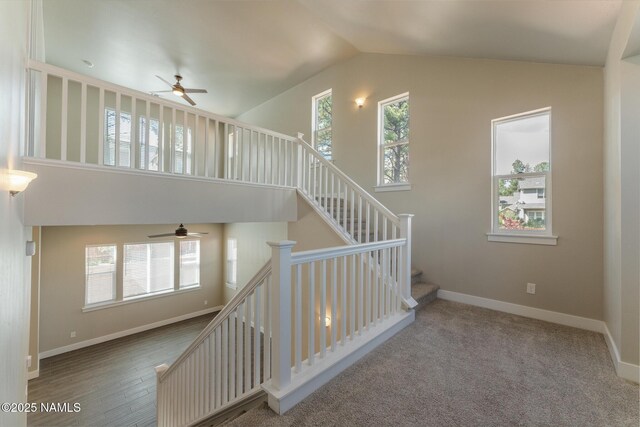3223 S Beringer Ln, Flagstaff, AZ 86005 - stairs with a ceiling fan and high vaulted ceiling