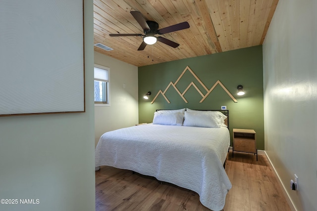 bedroom featuring light wood-type flooring, ceiling fan, and wood ceiling