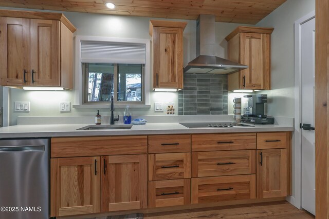 kitchen with dishwasher, wall chimney exhaust hood, sink, wooden ceiling, and black electric cooktop