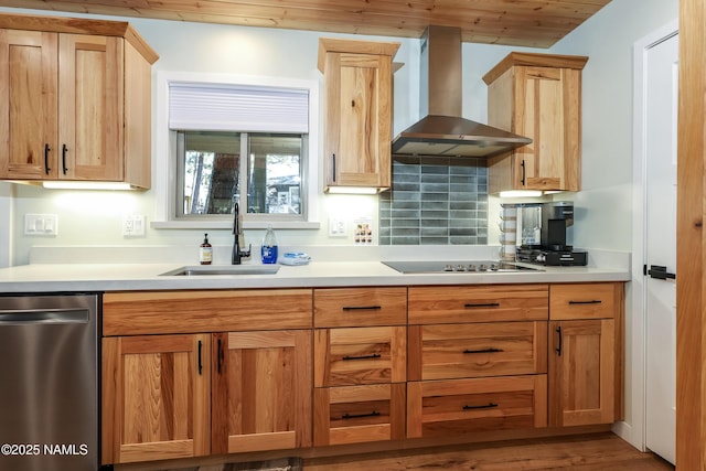 kitchen featuring dishwasher, wood ceiling, sink, ventilation hood, and black electric cooktop