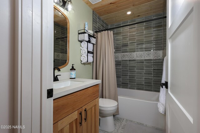 full bathroom with vanity, toilet, shower / tub combo, and tile patterned floors