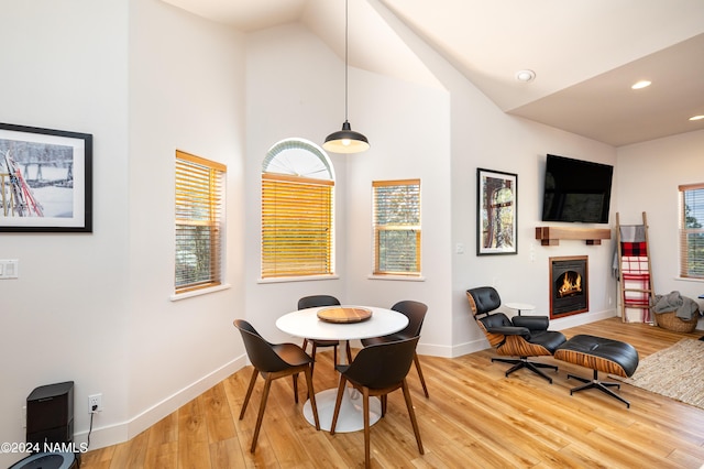 dining area with a healthy amount of sunlight, a lit fireplace, and wood finished floors