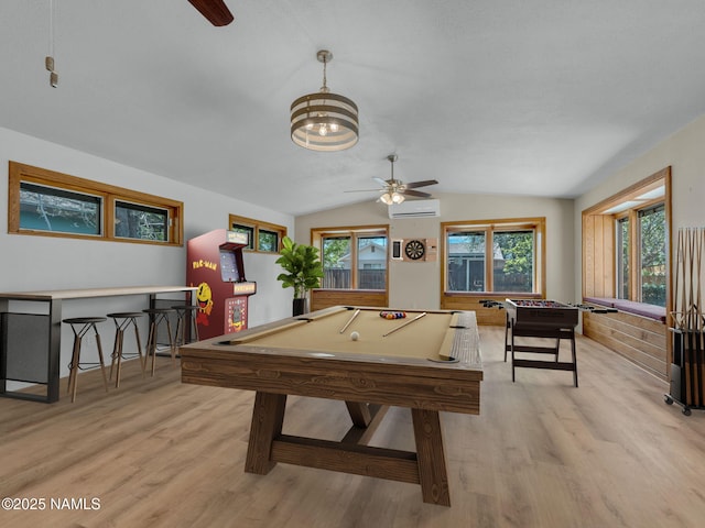 415 W Apache Rd, Flagstaff, AZ 86001 - recreation room featuring a ceiling fan, light wood-style floors, a wall unit AC, lofted ceiling, and billiards