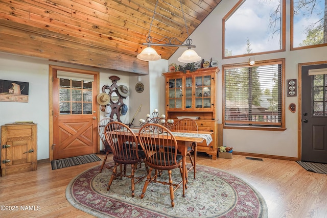 dining space featuring light wood finished floors, wood ceiling, baseboards, and high vaulted ceiling