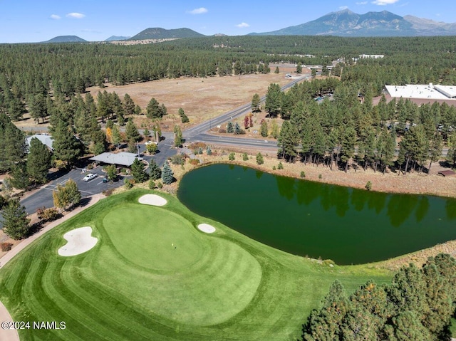 drone / aerial view featuring a water and mountain view