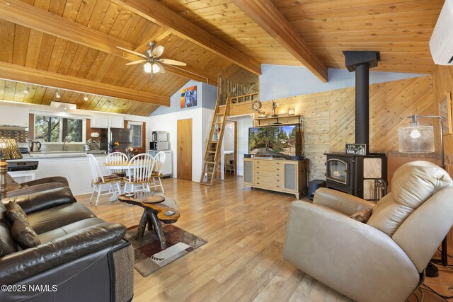 655 E Trout Creek Rd, Munds Park, AZ 86017 - living room featuring wood ceiling, a wood stove, beam ceiling, a wall unit AC, and light wood-style flooring
