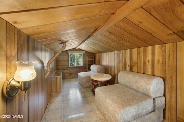 655 E Trout Creek Rd, Munds Park, AZ 86017 - sitting room featuring wood walls, light floors, vaulted ceiling, and wooden ceiling