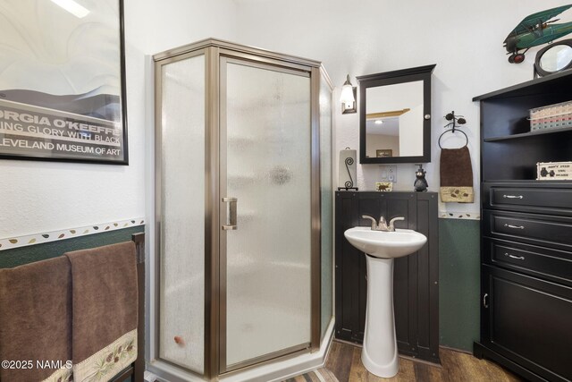 655 E Trout Creek Rd, Munds Park, AZ 86017 - bathroom with a shower stall, wood finished floors, and a sink