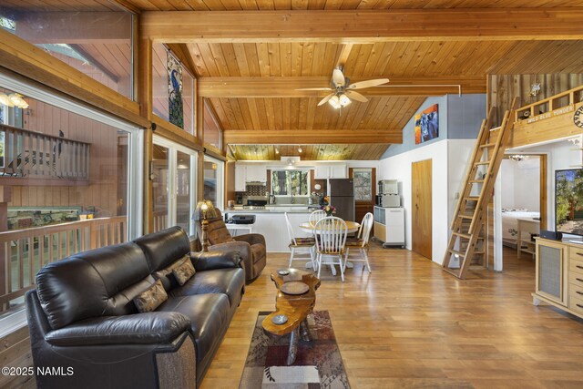 655 E Trout Creek Rd, Munds Park, AZ 86017 - living area featuring wooden ceiling, a ceiling fan, light wood finished floors, healthy amount of natural light, and wooden walls