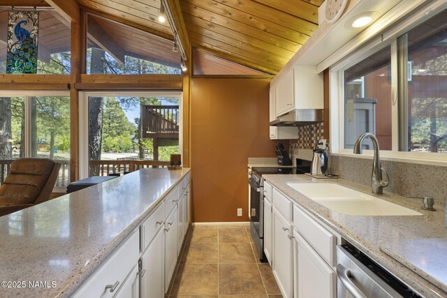 655 E Trout Creek Rd, Munds Park, AZ 86017 - kitchen with a sink, wooden ceiling, plenty of natural light, appliances with stainless steel finishes, and white cabinets