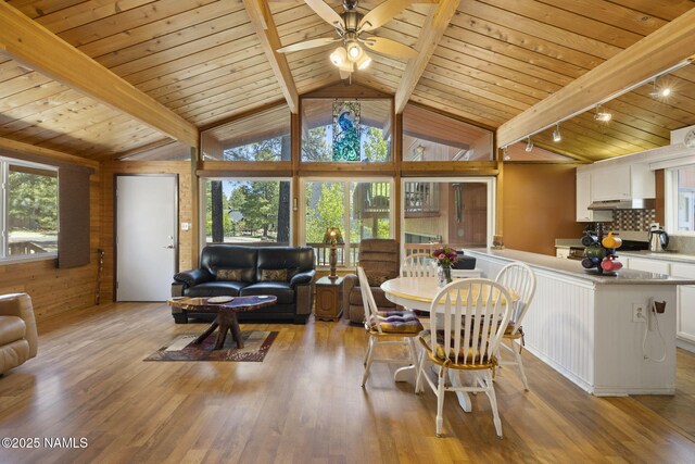 655 E Trout Creek Rd, Munds Park, AZ 86017 - dining space with wood ceiling, light wood-style flooring, and ceiling fan