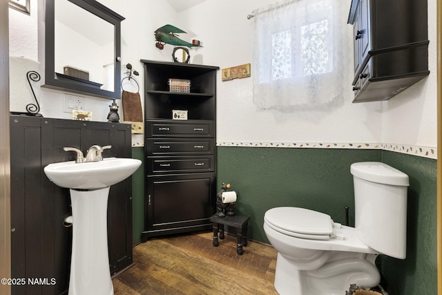 655 E Trout Creek Rd, Munds Park, AZ 86017 - half bath featuring toilet, wood finished floors, a wainscoted wall, and a sink