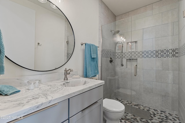 bathroom with vanity, a shower with shower door, and toilet