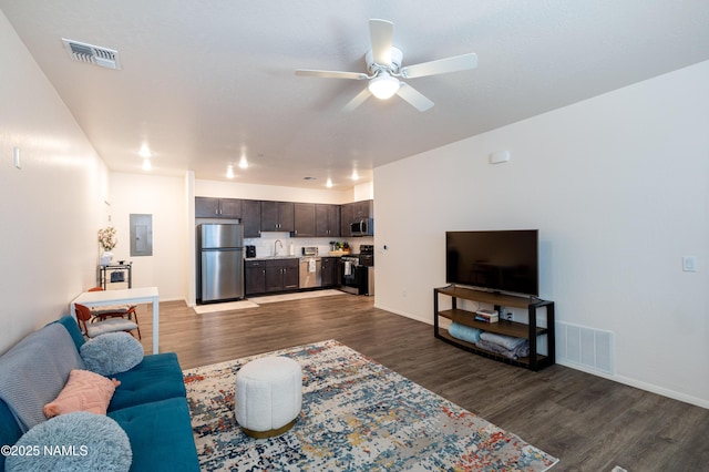 1650 E Ponderosa Pkwy Unit 3213, Flagstaff, AZ 86001 - living room with electric panel, dark wood finished floors, ceiling fan, and baseboards