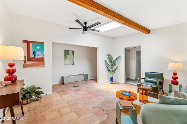 living room featuring ceiling fan and beamed ceiling