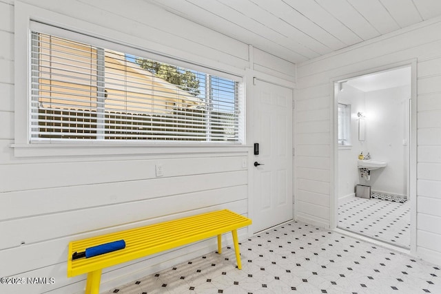 bathroom featuring wood ceiling and wood walls