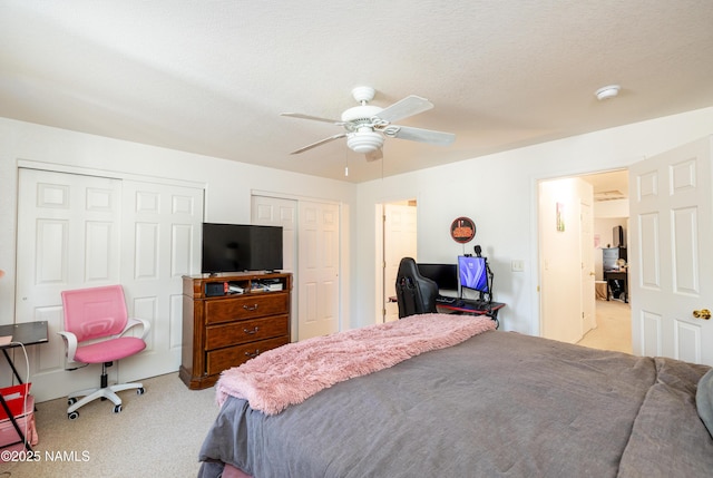 4551 E Allison Dr, Flagstaff, AZ 86004 - bedroom featuring two closets, light colored carpet, and ceiling fan