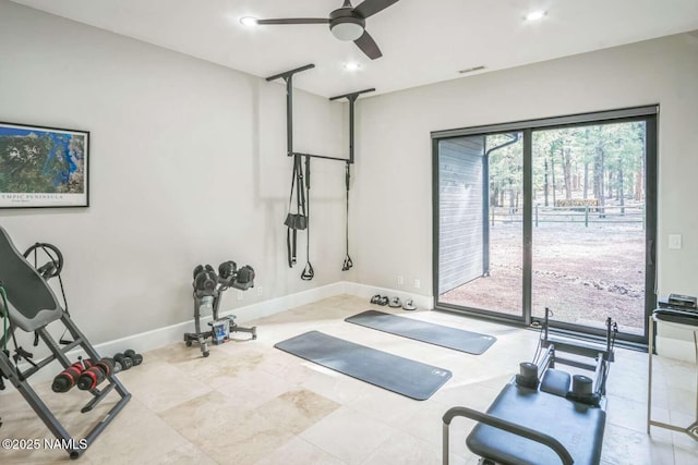 3605 N Langdale Trl, Flagstaff, AZ 86001 - workout room with a ceiling fan, baseboards, and recessed lighting