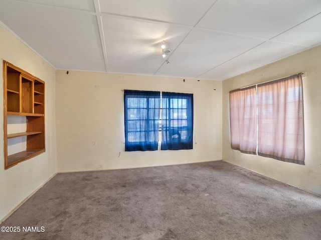 carpeted empty room featuring built in shelves