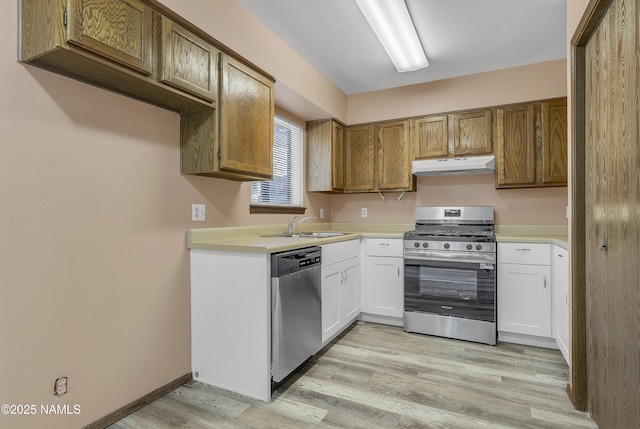 501 W Santa Fe Ave Unit 28, Flagstaff, AZ 86001 - kitchen featuring appliances with stainless steel finishes, under cabinet range hood, a sink, light wood finished floors, and light countertops