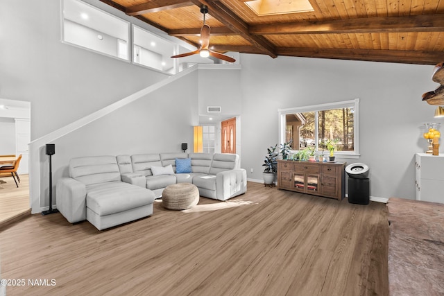 1420 N Royal Oaks Way, Flagstaff, AZ 86004 - living area featuring wooden ceiling with exposed beams, wood finished floors, ceiling fan, baseboards, and high vaulted ceiling