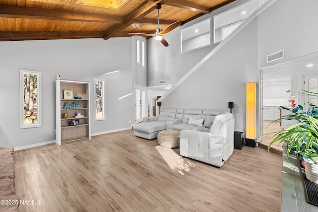 1420 N Royal Oaks Way, Flagstaff, AZ 86004 - living area with wooden ceiling with exposed beams, wood finished floors, a ceiling fan, a towering ceiling, and baseboards