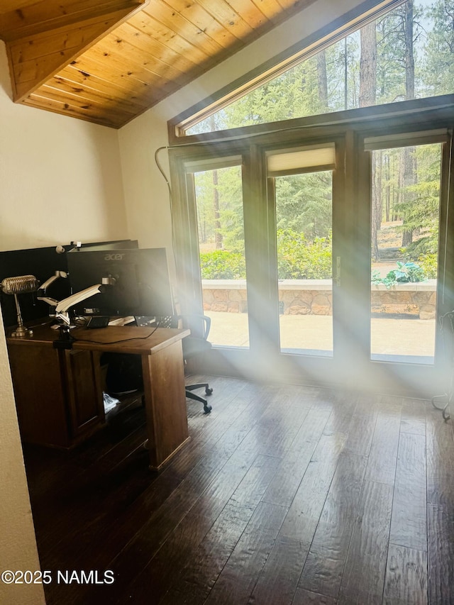 5070 N Weatherford Rd, Flagstaff, AZ 86001 - office area with dark wood-style flooring and wooden ceiling