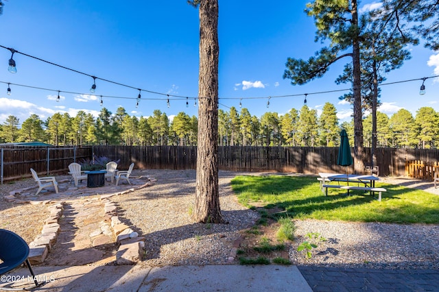 view of yard featuring a patio area and a fire pit