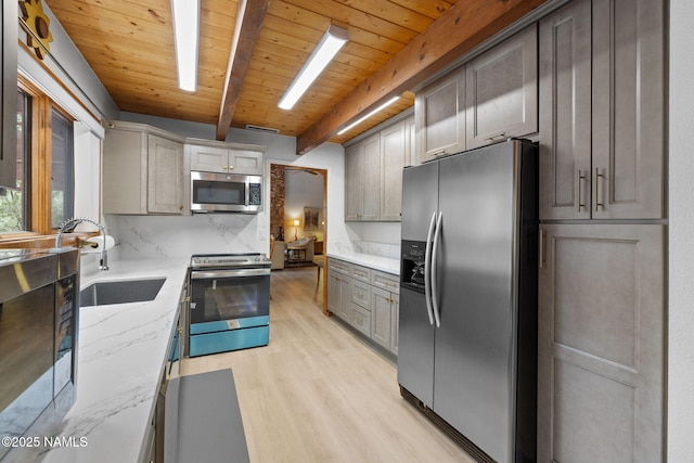 2468 N Strawberry Way, Flagstaff, AZ 86004 - kitchen with stainless steel appliances, light wood-style flooring, a sink, wood ceiling with exposed beams, and light stone countertops