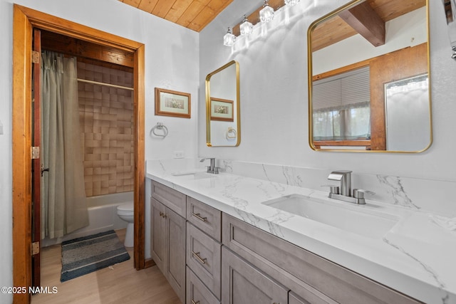 2468 N Strawberry Way, Flagstaff, AZ 86004 - full bathroom featuring toilet, double vanity, wood ceiling, shower / bath combo with shower curtain, and wood finished floors