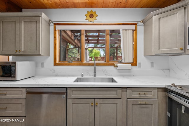 2468 N Strawberry Way, Flagstaff, AZ 86004 - kitchen featuring appliances with stainless steel finishes, a sink, wooden ceiling, gray cabinetry, and light stone countertops