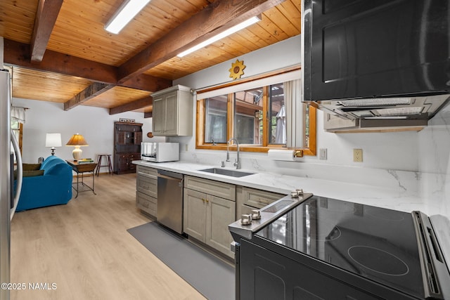 2468 N Strawberry Way, Flagstaff, AZ 86004 - kitchen featuring dishwasher, range with electric cooktop, wood ceiling with exposed beams, white microwave, and a sink
