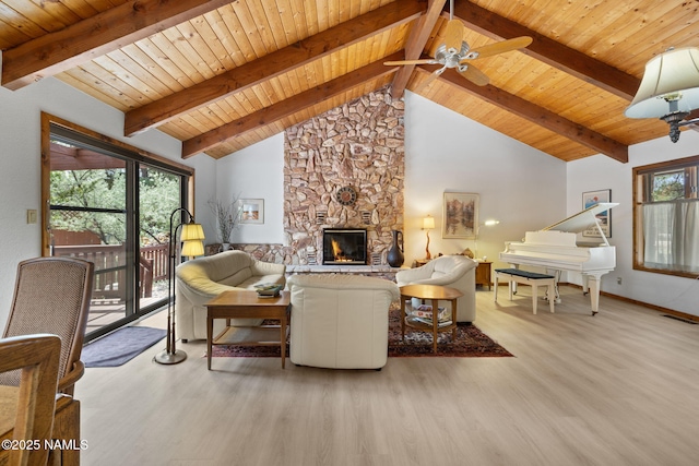 2468 N Strawberry Way, Flagstaff, AZ 86004 - living area featuring wooden ceiling with exposed beams, wood finished floors, a fireplace, baseboards, and ceiling fan