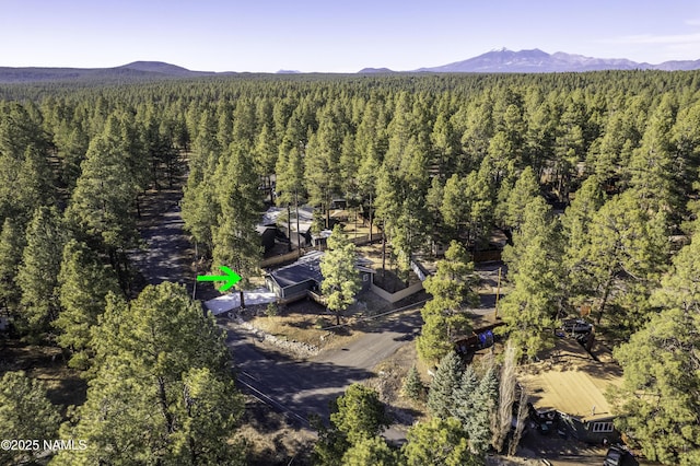 drone / aerial view with a wooded view and a mountain view