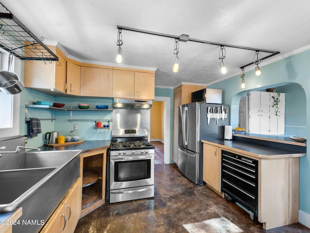 kitchen featuring decorative light fixtures, light brown cabinets, appliances with stainless steel finishes, and crown molding