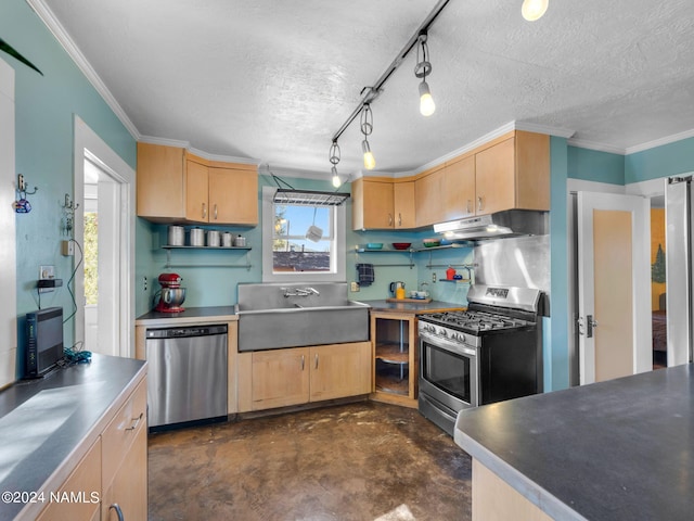 kitchen with light brown cabinets, pendant lighting, sink, ornamental molding, and stainless steel appliances