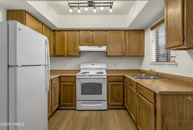 501 W Santa Fe Ave Unit 3, Flagstaff, AZ 86001 - kitchen with under cabinet range hood, white appliances, brown cabinets, and a sink