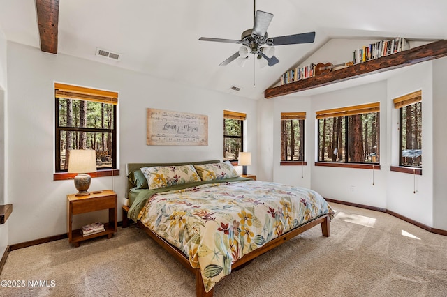 435 N Laramy Ln, Parks, AZ 86018 - bedroom with carpet, multiple windows, lofted ceiling, baseboards, and ceiling fan