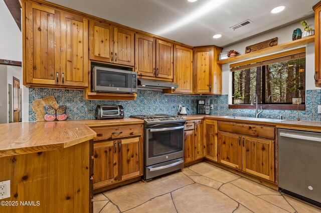 435 N Laramy Ln, Parks, AZ 86018 - kitchen featuring appliances with stainless steel finishes, under cabinet range hood, a sink, brown cabinets, and decorative backsplash