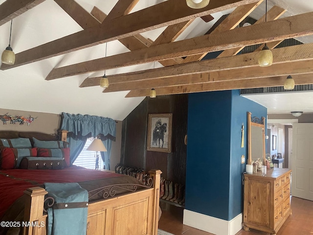 bedroom with lofted ceiling with beams