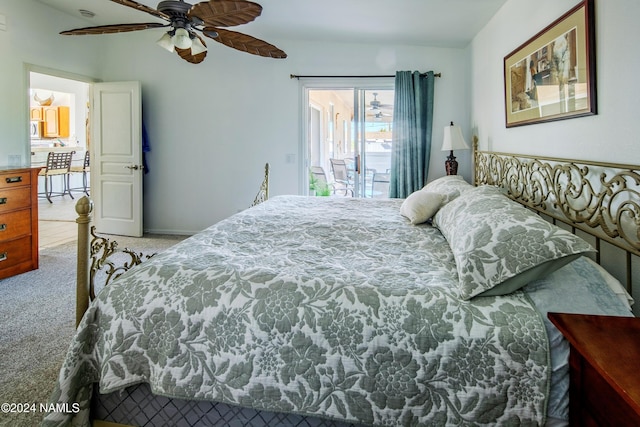 carpeted bedroom featuring ceiling fan and access to outside