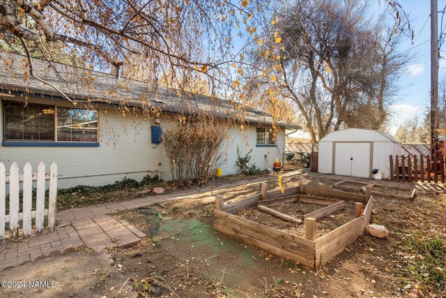 view of yard featuring a storage unit